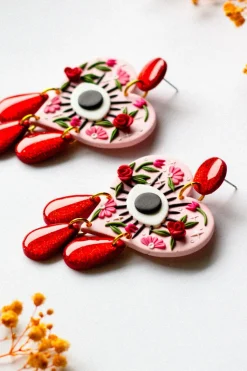 SLOW DAY STUDIOS Heart and Evil Eye Earrings - Red Glitter